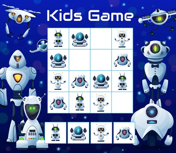 Barn Pusselblock Spel Med Robotar Vektor Sudoku Gåta Med Tecknad — Stock vektor