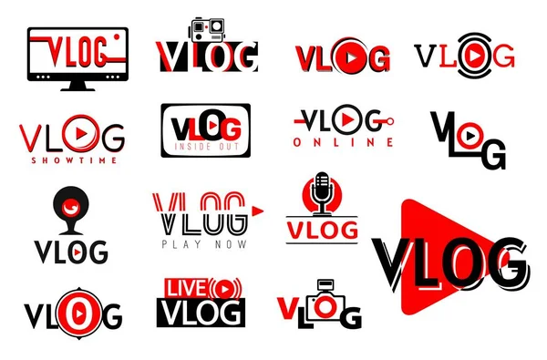 Vlog视频图标 播放符号和Tv博客向量按钮 Vlog视频频道和社交媒体流或在线Vlogger Tube广播 网络摄像头和播放器标志 — 图库矢量图片