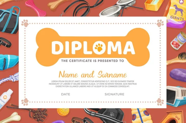 Plantilla Vector Diploma Certificado Cuidado Mascotas Para Perros Con Artículos — Archivo Imágenes Vectoriales