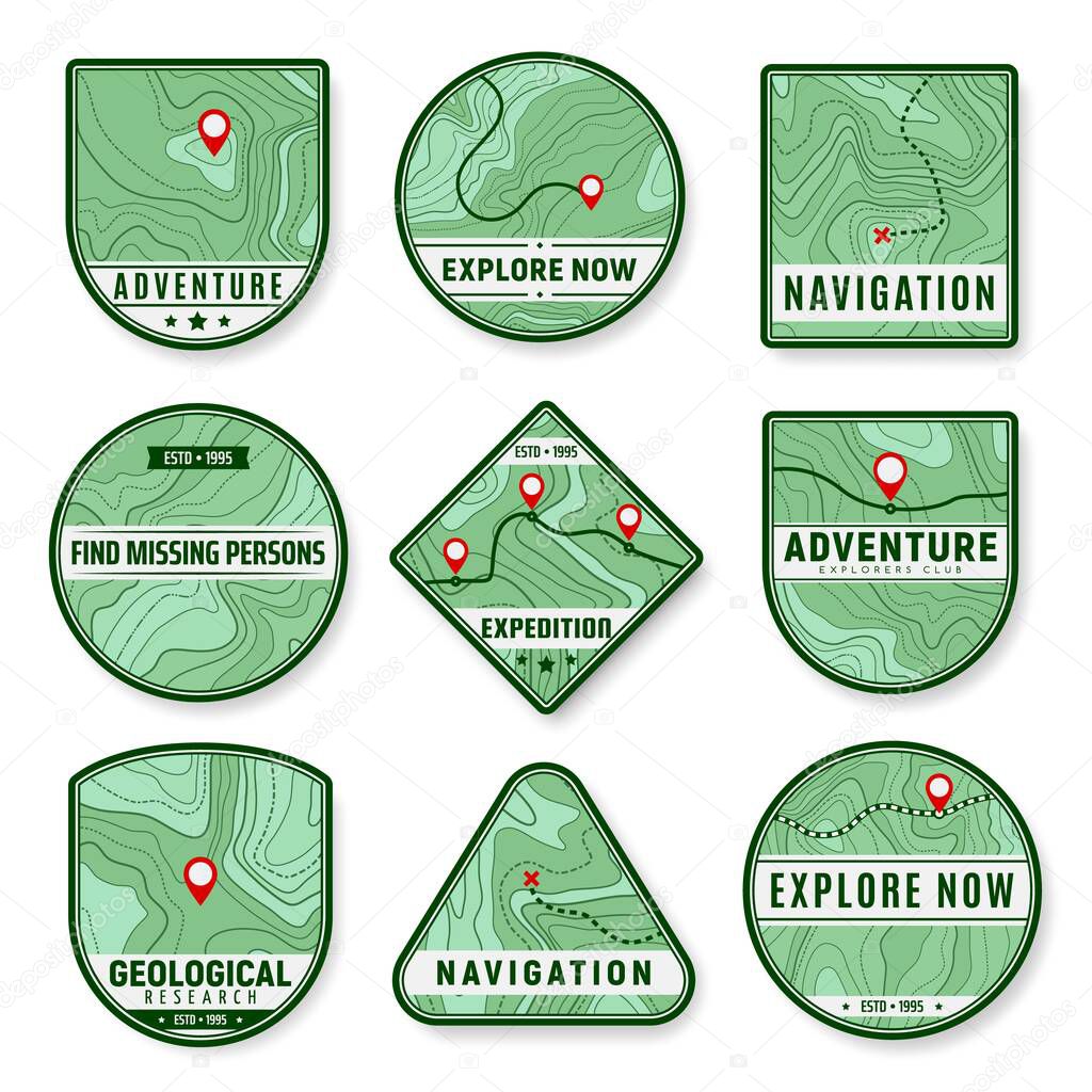 Topographic icons. Expedition, area exploration and geological research vector icons. Navigation pin or marks, travel destination, expedition or trip route, relief contour lines topographic map