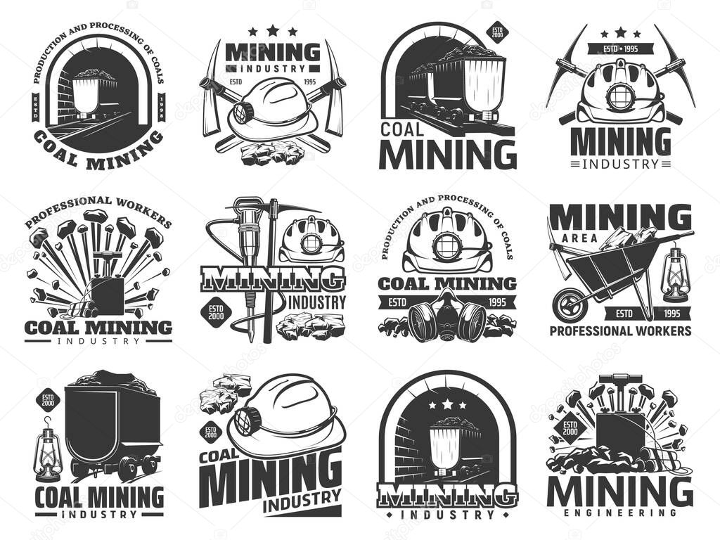 Coal mining industry icons, vector monochrome emblems with mine machinery and miner equipment or tools. Metal ore, coal in trolley, jackhammer, pickaxe and hardhat with wheelbarrow isolated labels set
