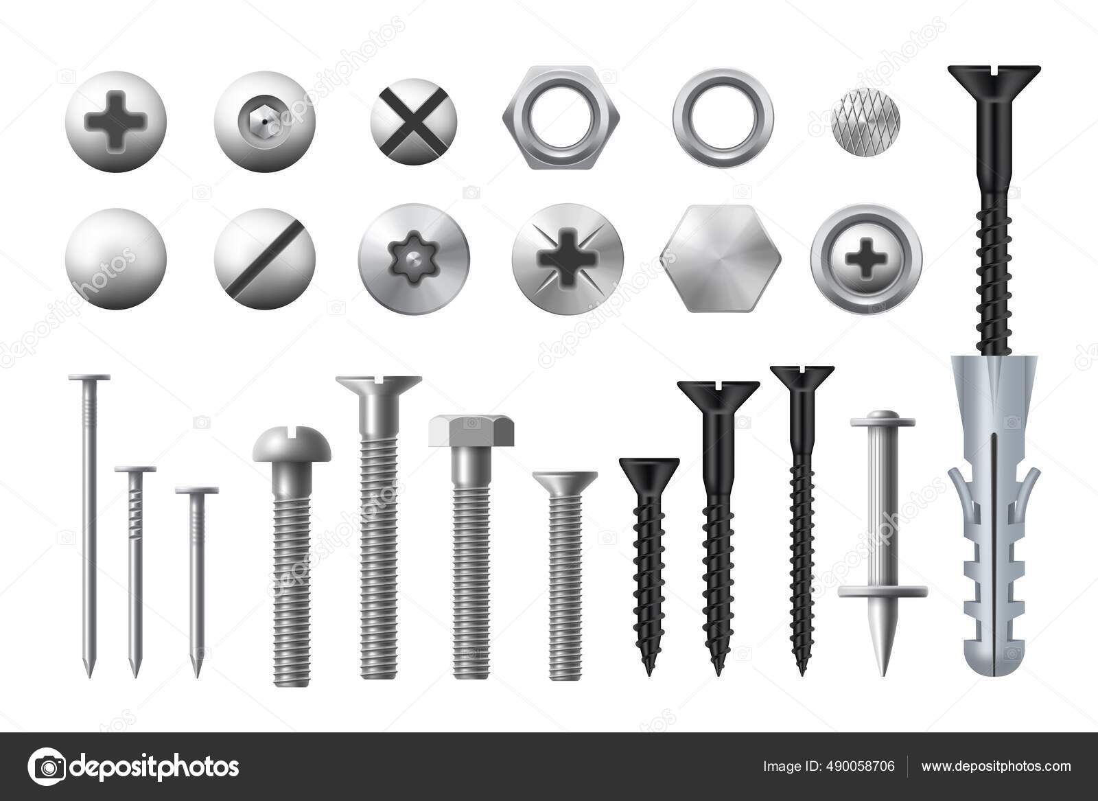 Metal Bolts Screws Nuts Nails Construction Hardware Tools Vector Icons  Stock Vector by ©Seamartini 490058706