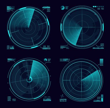 HUD military radar or sonar blue neon display. Army radar interface, satellite navigation technology vector screens or military weapon system, modern radar scanning territory, searching for targets clipart