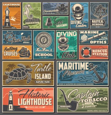 Denizcilik ve deniz mahsulü posterler. Dalış kulübü, denizcilik tarihi müzesi ve kurtarma istasyonu, yelkenli gezileri, okyanus akvaryumları ve kaplumbağa adası doğa parkı, deniz okulu retro afişleri.
