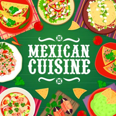 Meksika lokantası et yemekleri, deniz ürünleri ve sebze tabakları menü örtüsü. Chorizo taco ve biber salatası, sığır etli tortilla, tapas ve somon ceviche, guacamole vektörü. Meksika yemekleri.