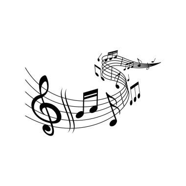 Notalar üzerinde notalar eşliğinde nota dalgaları, vektör anahtarı ile. Klasik müzik konseri, orkestra, senfonik ya da filarmoni notaları ölçekli stave ya da müzik ekibi arka planında dalgalanır