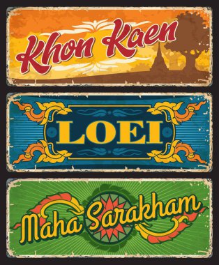 Tayland 'ın Khon Kaen, Loei ve Maha Sarakham şehirleri seyahat ve turizm tasarımı. Tayland tapınağı stupası, banyan ağacı, Asya pirinç tarlası ve çiçek grunge teneke tabakları ve klasik afişler.