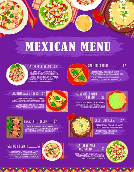 Mexikanisches Essen Restaurant Mahlzeiten Menüseite Fleischpfeffer Gemüse Chorizo Und Taco — Stockvektor