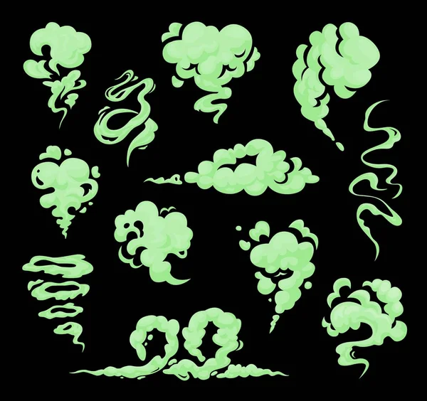 卡通难闻的绿色气味 恶臭的烟雾和有毒的云彩隔离了病媒 恶心的呼吸 腐烂的食物气味 卷烟尾迹 黑色背景上的垃圾蒸气 — 图库矢量图片