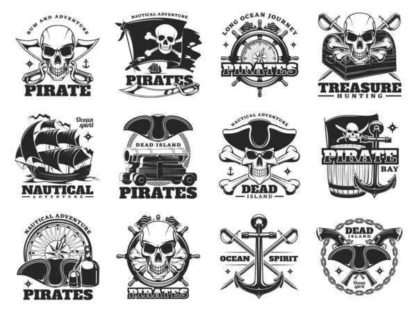 Pirata Tesoros Iconos Caza Isla Del Cráneo Barcos Mar Vector — Vector de stock