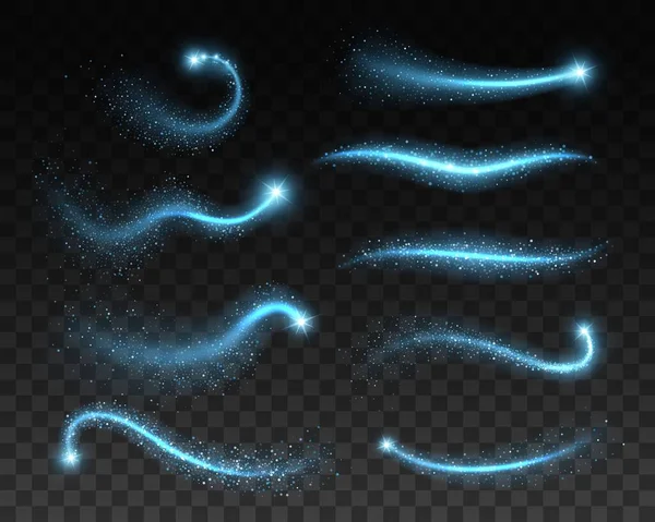 Varázslatos Kék Szikrák Csillogók Űrcsillagpor Fényhatás Csillogó Textúra Átlátszó Háttérrel — Stock Vector