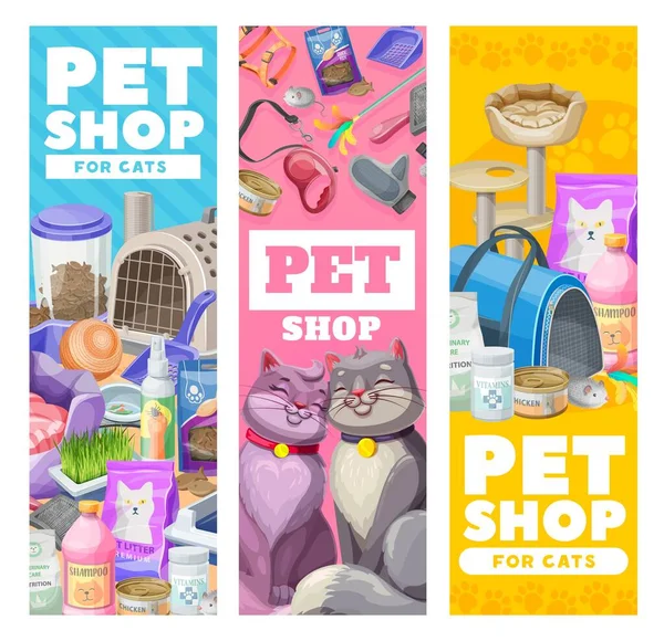 Pet Care Banners Cat Care Items Toys Vector Zoo Shop — ストックベクタ