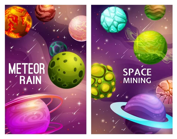 Meteorregen Und Weltraumbergbau Galaxienplaneten Vektor Poster Mit Cartoon Alien Planeten — Stockvektor