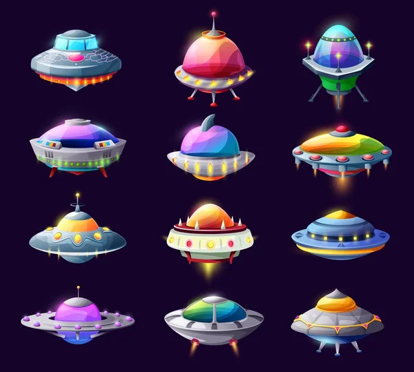 Cartoon Ufo Buitenaardse Ruimteschepen Ruimteschepen Vector Schotels Melkweg Raketten Fantasie — Stockvector