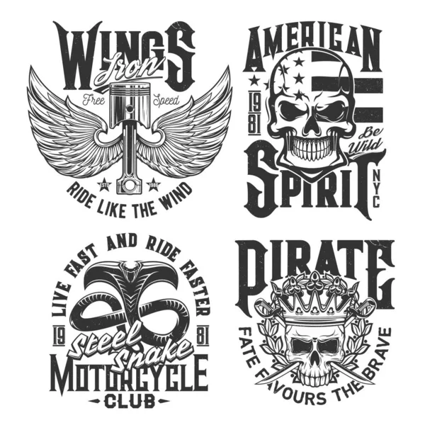 Motocicleta Carreras Club Camiseta Impresiones Con Cráneo Las Alas Vector — Archivo Imágenes Vectoriales