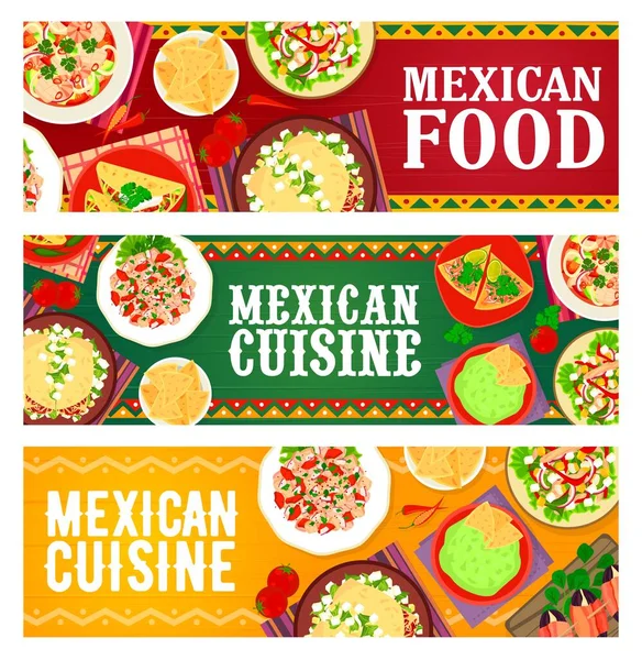 Comidas Cocina Mexicana Pancartas Platos Restaurante Ensalada Taco Carne Verduras — Vector de stock