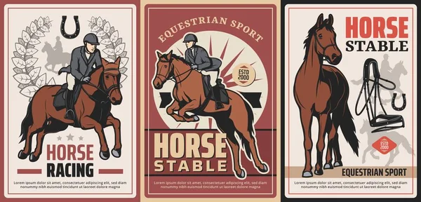 Paardensport Paardrijden Racen Hippodroom Vector Vintage Posters Professionele Rit Paardenstal — Stockvector