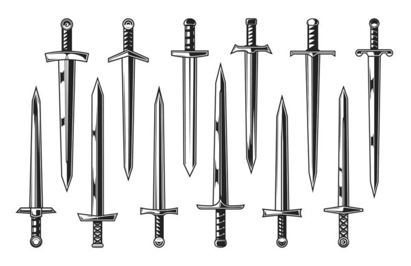 Европейский рыцарь средневековых мечей, геральдика. Векторное оружие средневековых воинов с прямым мечом, кинжалом, ножом и мечом, рыцарское оружие с обоюдоострыми лезвиями и декоративными рукоятками