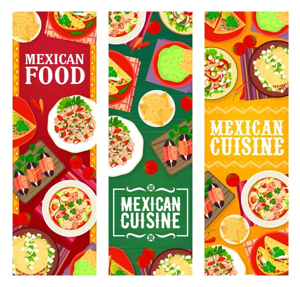 Mexican Food Restaurant Meals Snacks Banners Salmon Seafood Ceviche Guacamole — Stock Vector