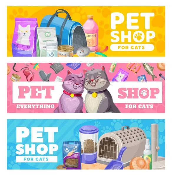 Pet Care Banners Cat Care Items Toys Vector Promo Zoo — ストックベクタ