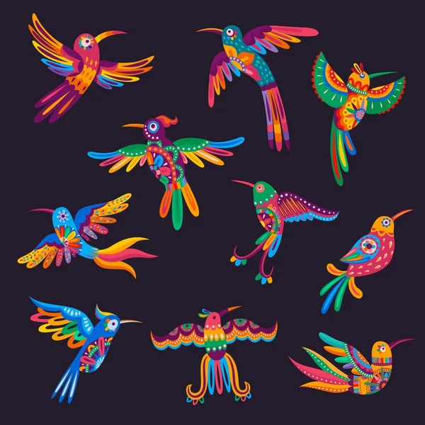 Mexican Colorful Hummingbirds Parrots Vector Alebrije Birds Mexico Folk Pattern — ストックベクタ