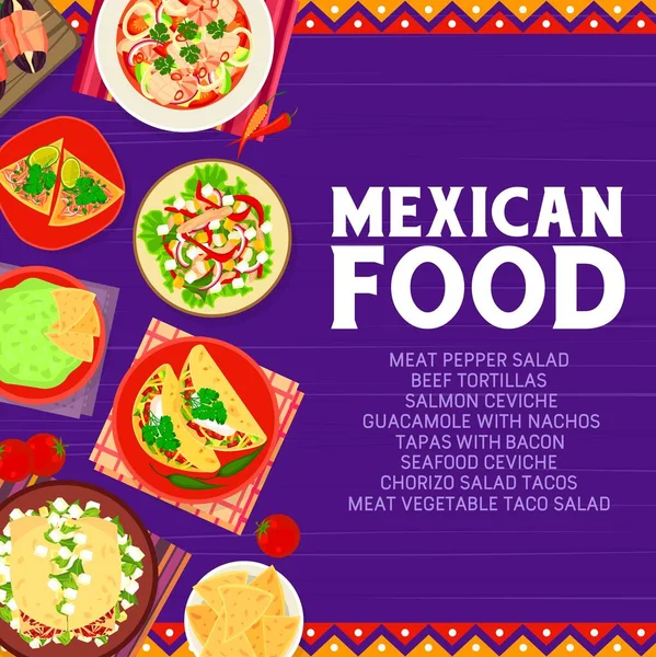 Mexikanisches Essen Restaurant Mahlzeiten Banner Meeresfrüchte Lachs Ceviche Rindfleisch Tortillas — Stockvektor