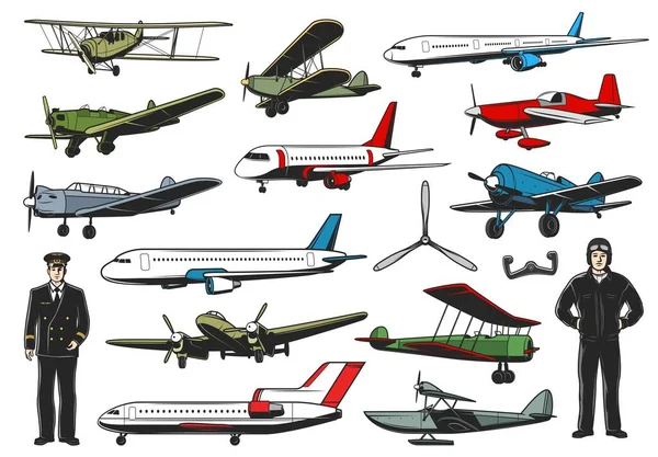 Modern Vintage Aircraft Set Civil Military Aviation Pilot Character Airline — ストックベクタ