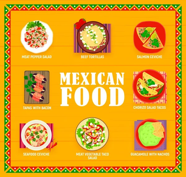 Cuisine Mexicaine Menu Repas Restaurant Salades Tacos Viande Chorizo Légumes — Image vectorielle