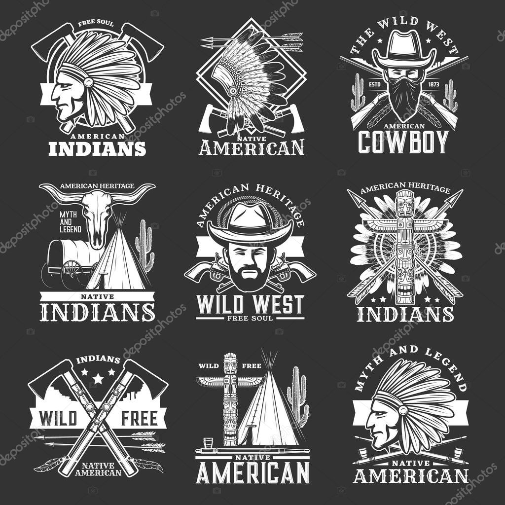 Wild West icons and western symbols of isolated vector cowboy, sheriff and native american chief. Wild West bandit, gun, bandana and hat, Texas cactus, bull skull, feather headdress, arrow and teepee