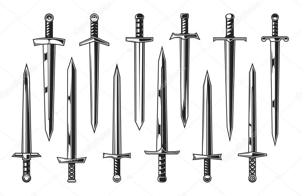 European knight medieval swords, heraldry. Vector weapon of medieval warriors set with straight sword, dagger, knife and broadsword, knightley arming weapon with double edged blades and ornate hilts