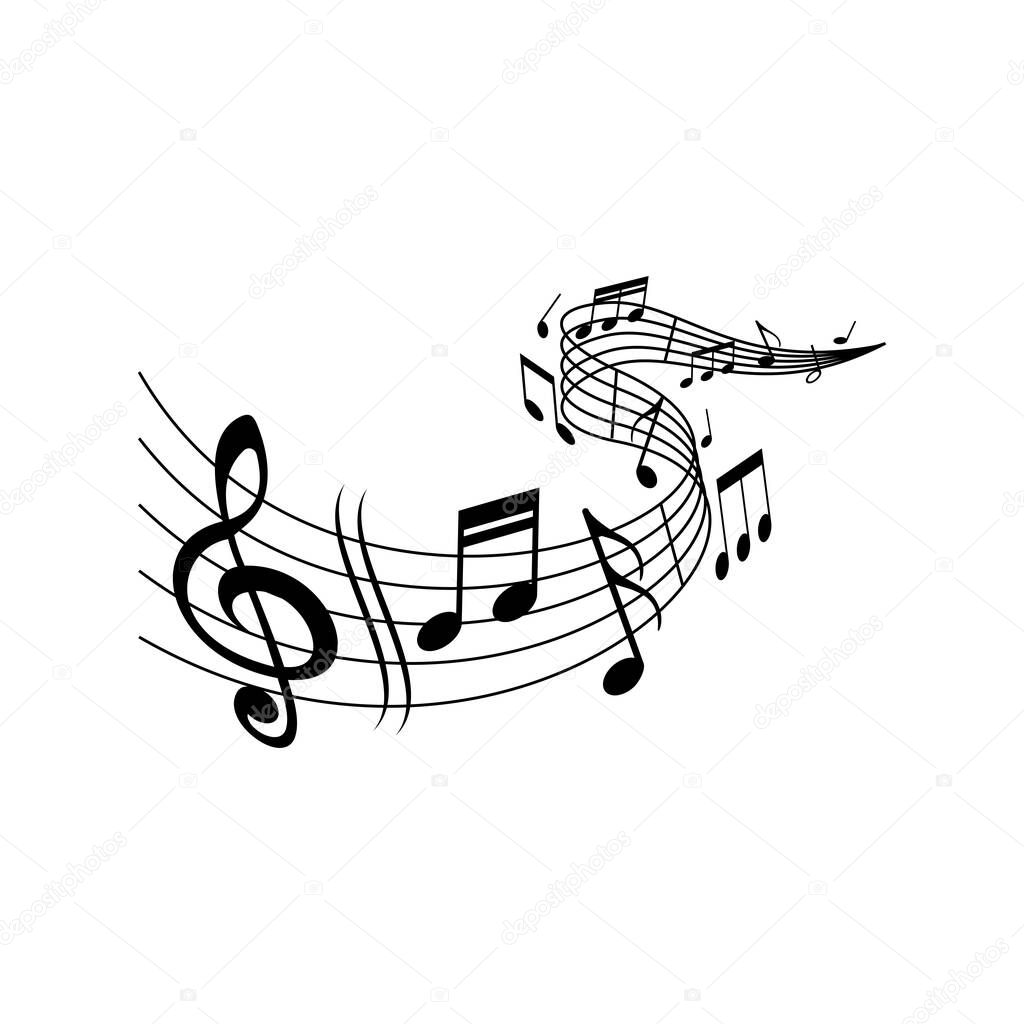 Music melody wave on notes staff with clef treble, vector. Classic music concert, orchestra, symphonic or philharmonic musical notes wave on scale stave or music staff background