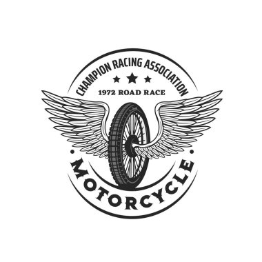 Kanatlı bisiklet tekerleği. Yarış ikonu. Motorsporları şampiyonası, motokros motosiklet yarışı kupası ya da eski motorsiklet kanatlı konuşma tekeri ve tipografisi olan klasik yarış takımı amblemi.