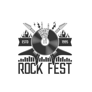Rock müzik festivali ikonu, vektör rock gitarları, vinil plaklar, iskelet rock and roll kornaları, yıldırımlar ve ateş alevleri. Hard rock müzik festivali, canlı konser gösterisi ve metal parti amblemi tasarımı