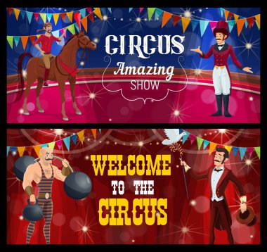 Shapito sirk sahnesi, akrobat, sihirbaz ve güçlü adam, lunapark karnaval gösterisi, vektör. Sirk lunaparkı karnavalı ya da sihirbaz illüzyonist, güçlü adam ve at binicisinin gösteri gösterisi