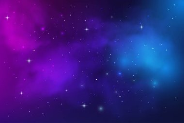 Uzay galaksisi nebulası, yıldız tozu ve yıldızlı evren gökyüzü, vektör arkaplan. Kozmik bulutlarda parlayan yıldızlı uzay gökyüzü, mavi ve mor yıldızlı ışık ya da galaksi nebulasında parlayan yıldız tozu