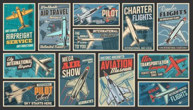 Havacılık ve modern hava taşımacılığı retro posterleri. Hava taşımacılığı, pilot okul ve hava yolculuğu, charter uçuşları, havacılık müzesi ve gösteri, havaalanı afişleri. Askeri ve yolcu uçakları vektörü