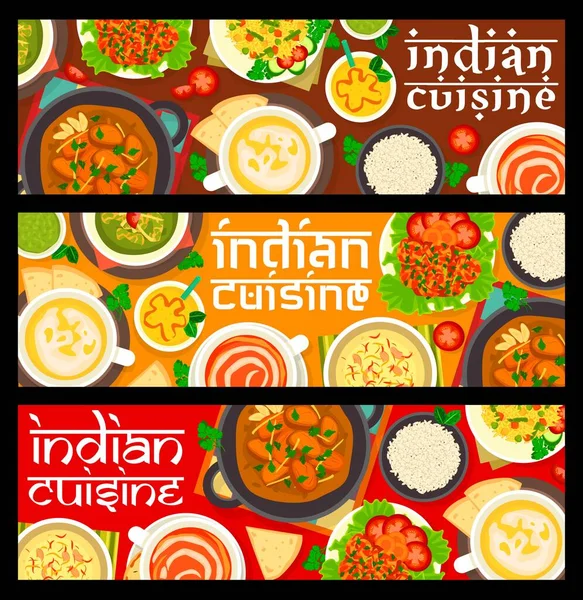 Kuchnia Indyjska Posiłki Banery Napój Jogurtowy Lassi Ryż Pulao Zupa — Wektor stockowy