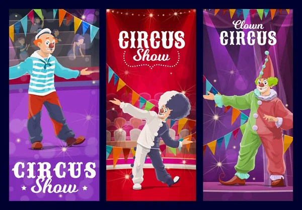 Clowns Cirque Shapito Bouffons Personnages Arlequins Artistes Vecteurs Dessins Animés — Image vectorielle