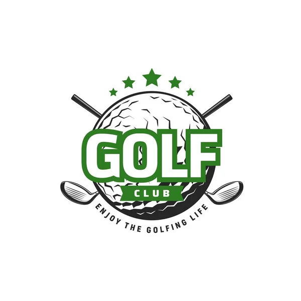 クロスクラブやボールとゴルフスポーツのアイコン ドライバーやウェッジクラブ ボールと緑の星 ゴルフスポーツクラブ スポーツトーナメントや屋外趣味のデザインのベクトルゴルファー機器の隔離されたシンボル — ストックベクタ