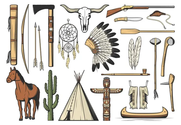 ベクトル部族インディアンの矢印 羽や夢のキャッチャー 水牛の頭蓋骨とティーピーを持つネイティブアメリカのアイコン アステカ族酋長 トマホーク族 カヌーと弓 トーテムポール ライフルの隔離された頭飾り — ストックベクタ