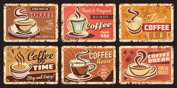 咖啡屋生锈的金属板 咖啡店的浓缩咖啡或卡布奇诺烤病媒盘 咖啡店或餐馆的热饮料菜单标识 咖啡豆石灰价格标签 底杯放在茶托上 — 图库矢量图片
