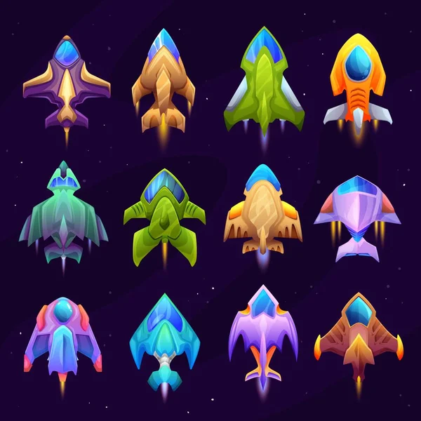 Cartoon Starship Spacecraft Spaceship Icons Vector Rockets Fantasy Vehicles Travel — Stock Vector
