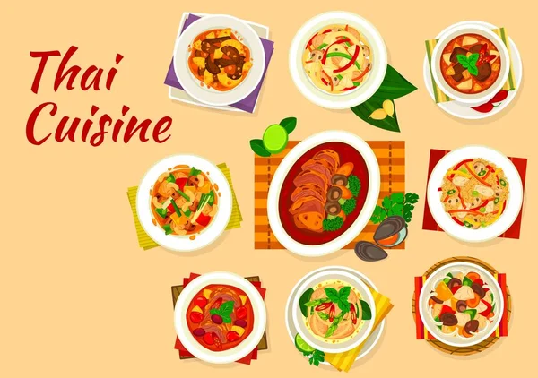 Cuisine Thaïlandaise Plats Viande Vectorielle Légumes Riz Nouilles Curry Rouge — Image vectorielle