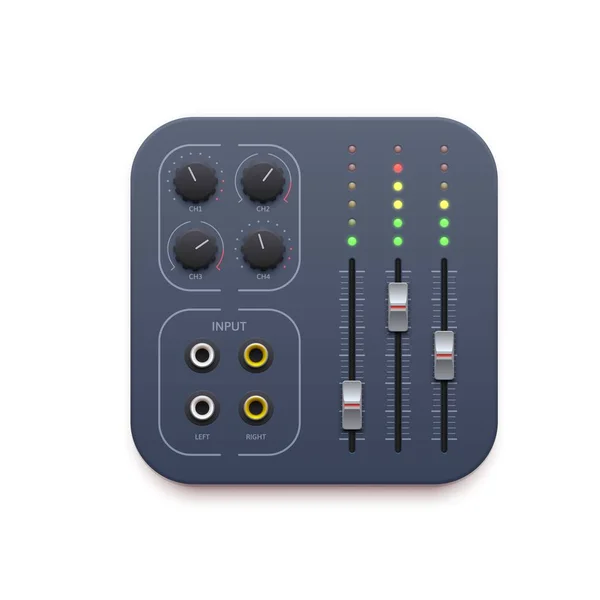 サウンドミキサー 音楽録音アプリのアイコン ベクターDjオーディオコントロールボタン オーディオスタジオパネルスライダー ボリュームチューナーと曲プレーヤートグルとマイク入力とサウンドミキサーアプリケーションアイコン — ストックベクタ