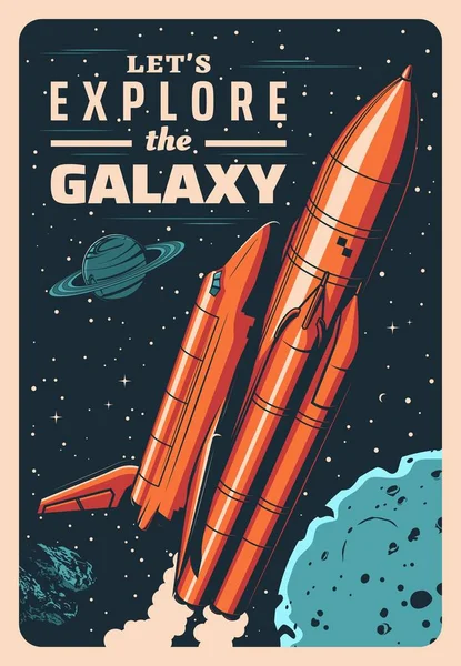 銀河ベクトルヴィンテージポスターのスペースロケットとシャトル 宇宙の地球の宇宙飛行士から離陸するシャトル付きの母ミサイルブースター コスモス研究探査ミッションレトロカード — ストックベクタ