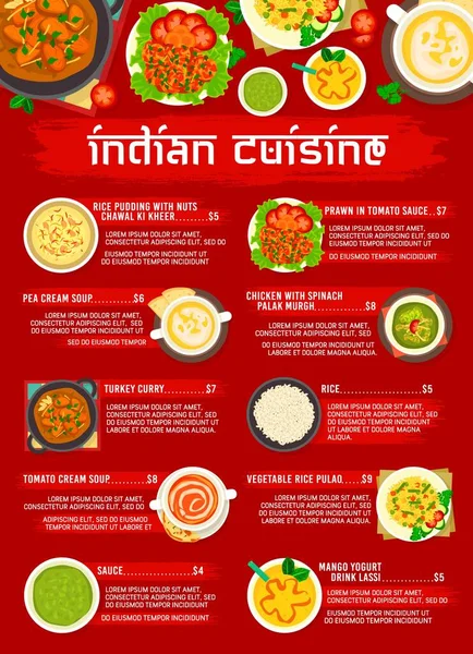 Templat Halaman Menu Masakan India Lassi Yogurt Mangga Kari Kalkun - Stok Vektor