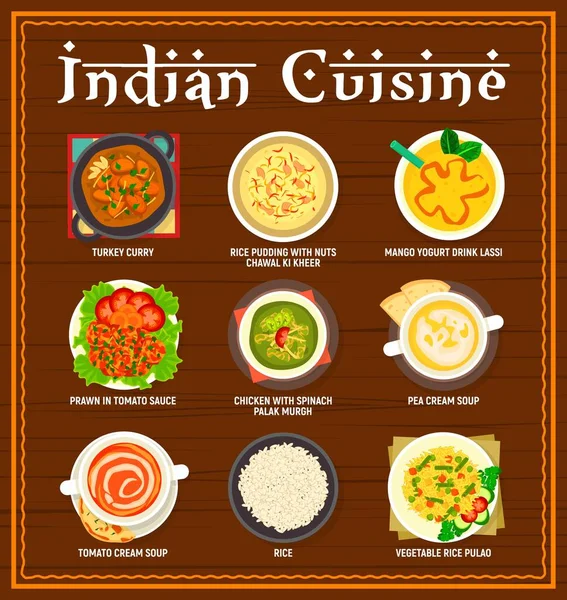 Menu Cozinha Indiana Curry Peru Pudim Arroz Chawal Kheer Iogurte — Vetor de Stock