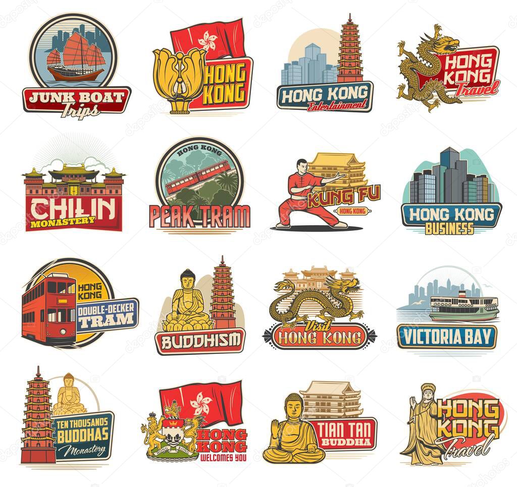 Hong Kong vector icons with Chinese travel landmarks, religion and culture symbols. Isolated Hong Kong flag with bauhinia flower, Buddha statue and temple pagoda, skyscrapers, dragons and coat of arms