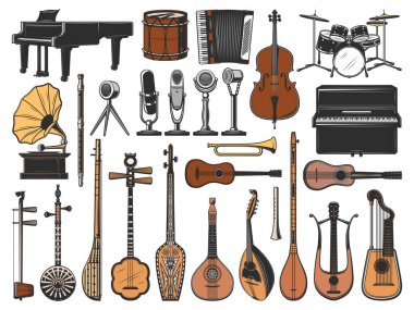 Klasik müzik aletleri, retro mikrofonlar ve gramofon. Piyano, davul, çello ve gitar, korna, mandolin, tanbur, shamisen ve erhu, saz, tar, lir ve harp gitarlarının izole vektör simgeleri