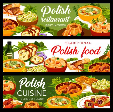 Polonya mutfağı afişleri. Sosis, Kalduny ve bıldırcın yumurtalı köfte halkası, sazan balığı, domates soslu lahana, Faramushka çorbası, mantı ve ballı fındıklı Mazurka, et ekmeği